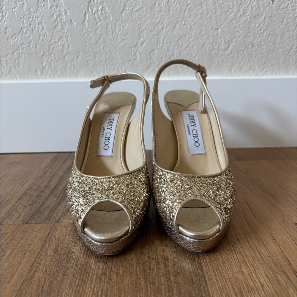 Jimmy Choo Gold Glitter Peep-Toe Platform Slingbacks Size 36